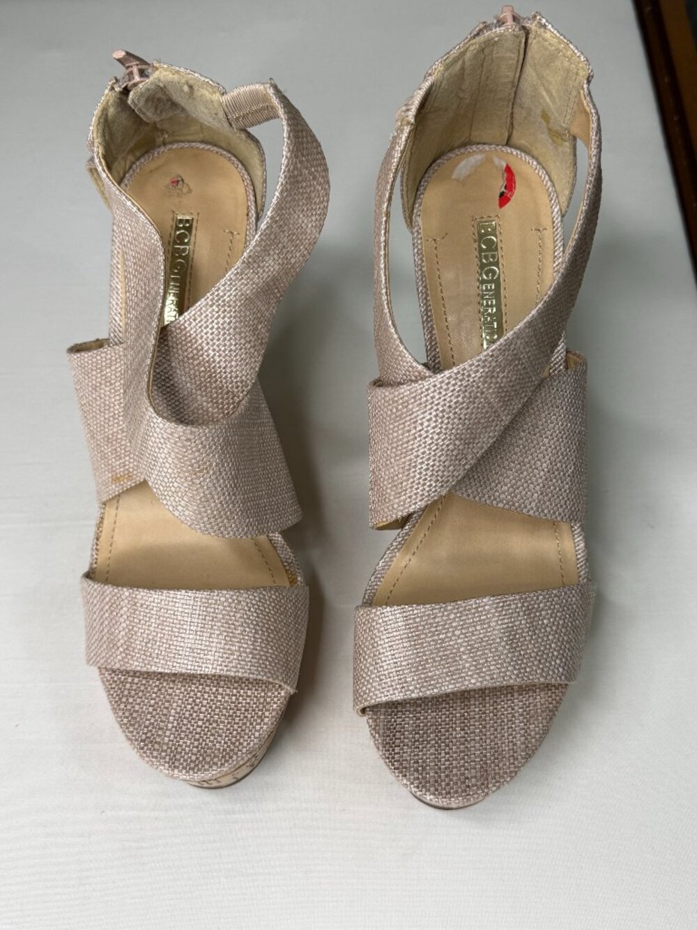BCBGeneration Champagne Metallic Cork Wedge Sandals Women’s Size 10B